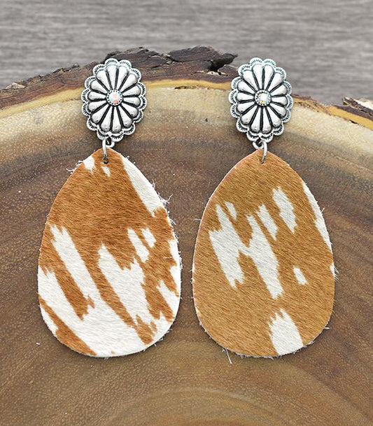 Leather Cowhide Concho Teardrop Earrings