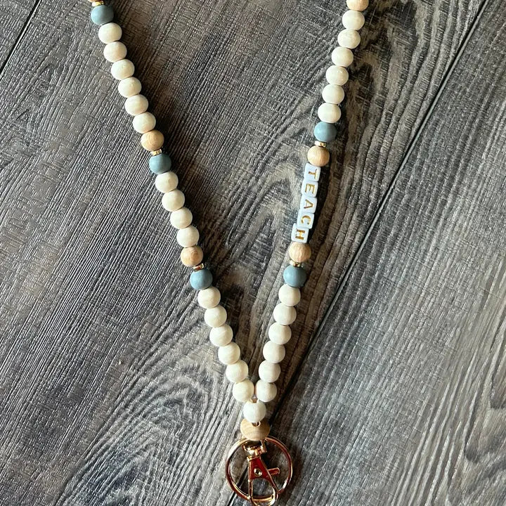 Teach Grey and Wood Beaded Lanyard with Breakaway Clasp