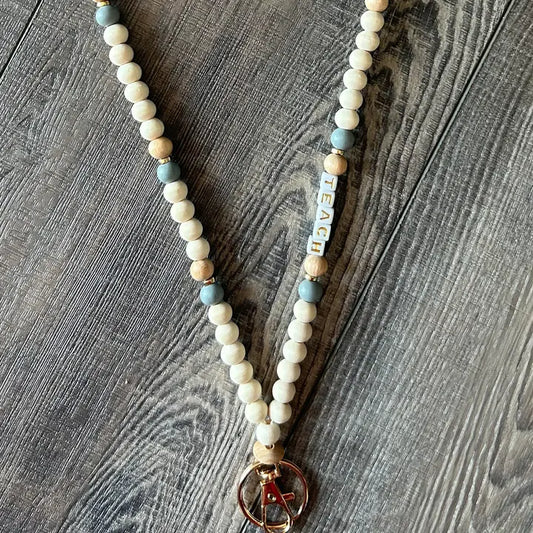 Teach Grey and Wood Beaded Lanyard with Breakaway Clasp