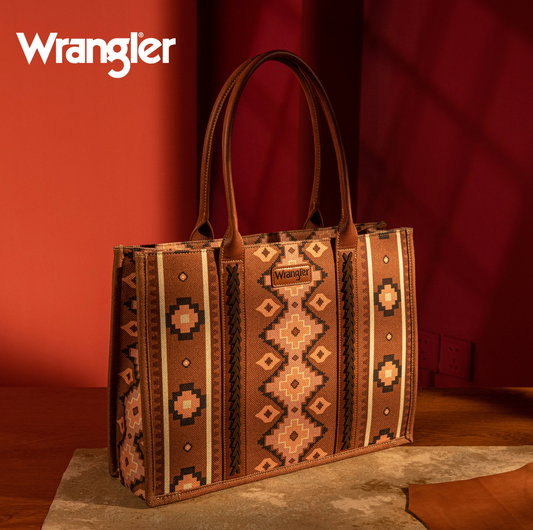 Wrangler Southwestern Pattern Dual Sided Print Canvas Wide Tote - DARK BROWN