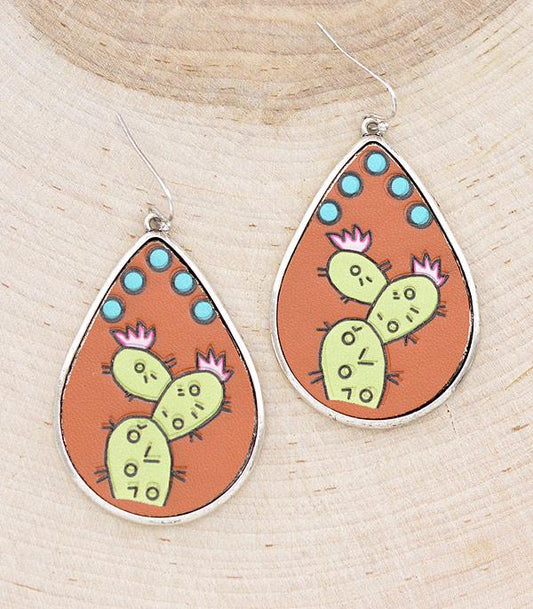 Cactus Faux Leather Teardrop Earrings